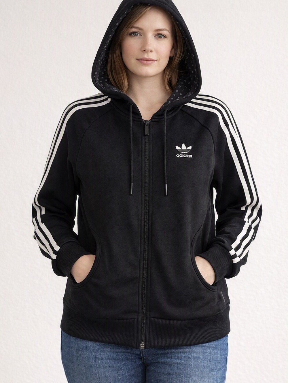 Adidas Hoodie Women's Medium Full Zip Black Stripes Streetwear Athletic Logo